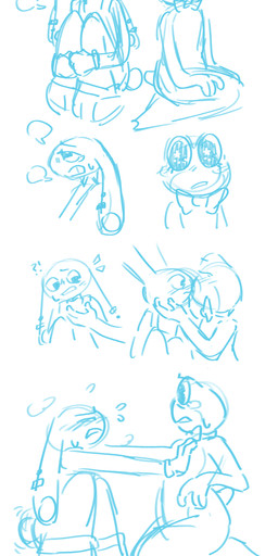 anthro clothing conversation_without_dialog duo female female/female kiss_on_lips kissing pushing_away serious curious_coyote glitch_productions the_amazing_digital_circus jax_(tadc) ribbit_(tadc) amphibian frog humanoid lagomorph leporid mammal rabbit absurd_res blue_and_white comic hi_res monochrome sketch