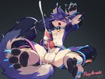 animal_genitalia animal_penis anthro balls bell bell_collar biped blue_tail bodily_fluids canine_genitalia canine_penis collar cum cum_on_chest cum_on_face cum_on_own_chest cum_on_own_face cum_on_own_penis cum_on_own_tail cum_on_penis cum_on_self cum_on_tail cumshot ejaculation erection fur genital_fluids genitals knot knotted_penis looking_pleasured lying male masturbation multicolored_body multicolored_fur multicolored_tail on_back open_mouth pawpads penile penile_masturbation penis pink_eyes pupils purple_body purple_fur sheath solo spread_legs spreading tail white_body white_fur white_tail roy_arashi kybu canid canine canis mammal wolf 4:3 absurd_res hi_res shaded