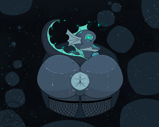anthro anus big_butt blue_body blue_eyes blue_skin bodily_fluids butt clothing cybernetic_arm cybernetic_limb fin fishnet_clothing fishnet_legwear glistening glowing glowing_eyes heart_eyes heart_symbol legwear looking_at_viewer male markings musk nude puffy_anus rear_view scales solo sweat sweatdrop sweaty_butt tail thick_thighs wide_hips fishydraws anglerfish aquatic fish 5:4 digital_media_(artwork) portrait