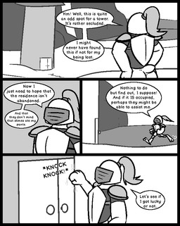 2_toes anthro armor barely_visible_genitalia barely_visible_penis bottomless breastplate building butt clothed clothing dialogue door feet fist flaccid genitals hands_on_hips headgear helmet knocking male outside penis plume shirt short_tail solo tail text toes topwear tower ultilix caspar_(ultilix) amphibian frog 2025 comic english_text greyscale monochrome multiple_scenes