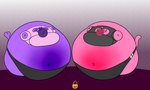 2024 alvro anthro big_cheeks black_bottomwear black_clothing black_shirt black_shorts black_topwear blowing_bubble_gum blue_eyes blueberry_inflation body_inflation bottomwear bubble_gum bucket cade_(citrusbunny17) cherry_inflation clothing colored container cropped_sweater digital_media_(artwork) duo flat_colors garina_(reathe) grey_background guardian_spirit halloween hi_res holidays huge_cheeks immobile inflation male navel ori_(series) pink_body pink_clothing pink_cropped_sweater pink_ears pink_sweater pink_tail pink_topwear plant_transformation purple_body purple_ears purple_eyes purple_inner_ear purple_tail round_body shirt shorts simple_background spherical_inflation sweater swollen_cheeks tail tight_clothing topwear