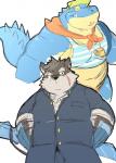 anthro clothing duo jewelry kemono male necklace scared shirt simple_background slightly_chubby tank_top topwear whistle_(object) ayame42612 lifewonders tokyo_afterschool_summoners makara_(tas) moritaka_(tas) alligator alligatorid canid canine canis crocodile crocodilian domestic_dog mammal reptile scalie