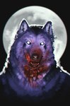 anthro blood blood_on_face blue_body blue_eyes blue_fur bodily_fluids fur light looking_at_viewer male moon moonlight solo teeth tongue tongue_out sepulte karlos_(character) canid canine canis mammal wolf absurd_res hi_res