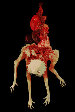 1_eye 4_toes 5_fingers ambiguous_gender ambiguous_humanoid black_background blood blood_on_fur bodily_fluids feet fingers fur gore guts hair horror_(theme) intestines looking_at_viewer mouthless noseless organs simple_background solo suspension tan_body tan_fur tan_hair toes wounded jejejunum demon demon_humanoid humanoid spirit 2025 hi_res