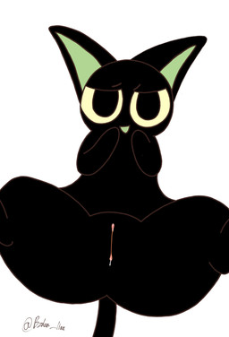 black_body black_fur chibi dripping_vulva featureless_crotch female female_feral feral fur genitals green_eyes green_inner_ear legs_up looking_at_viewer paws seductive simple_background solo vulva white_background yellow_sclera lianzhi the_legend_of_luo_xiaohei luo_xiaohei domestic_cat felid feline felis mammal absurd_res hi_res