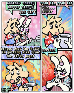 4_panel_comic aloha_shirt anthro bow_tie cheek_spots clothing dialogue duo evil_grin floppy_ears fur half-closed_eyes humor male narrowed_eyes overalls pattern_clothing pattern_shirt pattern_topwear shirt smile smirk smug smug_face speech_bubble teeth text tooth_gap topwear typewriter white_body white_fur wide_eyed yellow_body yellow_fur rawdawgcomics bingus_(rawdawgcomics) stahli_(rawdawgcomics) bird_dog canid canine canis domestic_dog golden_retriever hunting_dog lagomorph leporid mammal rabbit retriever 4:5 comic english_text hi_res