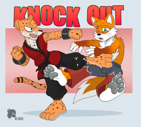 action_pose anthro barefoot biped bodily_fluids cum cumshot defeated dominant dominant_male duo ejaculation feet fight fighting_pose game_over game_over_screen gameplay_mechanics genital_fluids green_eyes hindpaw humiliation karate keikogi kick logo male male/male martial_arts_uniform pawpads paws plantigrade pose soles sportswear text three-quarter_view unconscious introvertedpooch taiwan_coolfox cobang_the_coolfox xu_bang canid canine felid fox humanoid leopard mammal pantherine 2025 absurd_res artist_logo dated digital_drawing_(artwork) digital_media_(artwork) english_text hi_res shaded simple_shading