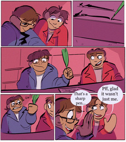 blood bodily_fluids clothing cursed_object dialogue duo eyewear glasses jacket loose_feather male pain quill shirt signing speech_bubble text topwear writing_utensil zoba_(artist) human mammal comic english_text hi_res
