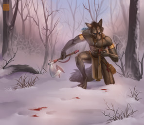 3_toes 5_fingers anthro armband axe bag battle_axe biped blood blue_eyes bodily_fluids bottomwear brown_body brown_fur clothed clothing day detailed_background digitigrade feathers feet fingers fluffy fluffy_tail forest fur kneeling loincloth male melee_weapon muscular muscular_anthro muscular_male outside plant satchel snow solo tail toes tomahawk topless tree weapon winter akineza smokepaw canid canine canis mammal wolf hi_res