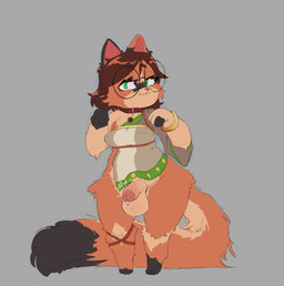 alternate_species anthro balls biped blush bodily_fluids breasts brown_body brown_fur brown_hair clothed clothing collar cute_fangs dipstick_tail embarrassed eyewear facial_markings fangs front_view fur genital_fluids genitals glasses green_clothing green_eyes grey_background gynomorph hair handpaw head_markings intersex looking_at_viewer markings mask_(marking) nipple_outline paws penis precum round_glasses semi-anthro shortstack shortstack_gynomorph shortstack_intersex simple_background skimpy solo standing tail tail_markings teeth cinnamimi runa_ravnsdal calico_cat domestic_cat felid feline felis mammal 2026 digital_media_(artwork) hi_res