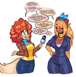 amber_eyes anthro big_breasts blonde_hair blue_eyes blue_scarf bottomwear breasts brown_body brown_fur cleavage clothed clothed_anthro clothed_female clothing denim denim_bottomwear denim_clothing dialogue duo ear_piercing ear_ring electronics female fluffy fluffy_tail fur hair hoop_ear_ring interview jeans long_hair microphone orange_hair pants piercing ring_piercing scarf shirt speech_bubble tail text topwear yellow_clothing yellow_shirt yellow_topwear jamoart bethany_(jamoart) pepper_page canid canine canis capybara caviid domestic_dog mammal rodent 2025 absurd_res english_text hi_res