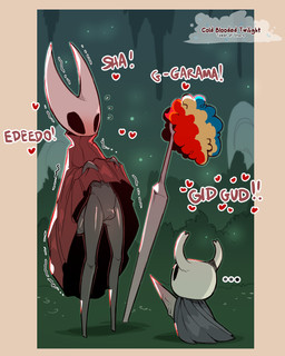 anthro biped black_body black_eyes black_tail blush bodily_fluids cape clothing clown_wig detailed_background duo female genitals heart_symbol hollow_eyes humor male melee_weapon standing sweat sword tail text vulva weapon white_body cold-blooded-twilight hollow_knight_(franchise) team_cherry hornet_(hollow_knight) arthropod 2025 4:5 hi_res