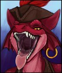 anthro black_border bodily_fluids border brown_clothing brown_hat brown_headwear brown_topwear clothed clothing detailed_mouth drooling fangs female frill_(anatomy) frill_piercing frill_ring furgonomics furry-specific_piercing gaping_mouth hat headgear headwear looking_at_viewer mouth_shot narrowed_eyes open_mouth orange_body orange_scales piercing pupils red_body red_eyes red_scales ring_piercing saliva scales simple_background slit_pupils solo teeth topwear unsigned yellow_sclera acidic scalie bust_portrait hi_res portrait