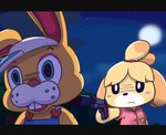 anthro blonde_hair blush blush_stickers buckteeth clothed clothing duo female fur gun hair handgun hat headgear headwear heart_symbol male moon night outside overalls pistol ranged_weapon shirt silencer teeth topwear weapon yellow_body yellow_fur block_(artist) animal_crossing nintendo isabelle_(animal_crossing) zipper_t._bunny canid canine canis domestic_dog lagomorph leporid mammal rabbit 2020 digital_media_(artwork) letterbox