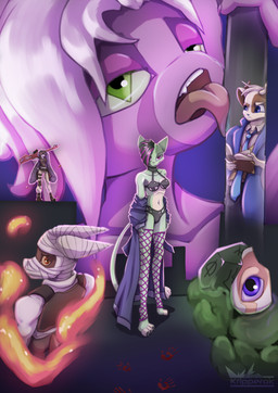 anthro bandage bedroom_eyes black_hair bloody_hand_print bodily_fluids clothing female fishnet_clothing fishnet_legwear fur green_body green_fur group gun hair legwear looking_at_viewer looking_back looking_back_at_viewer male midriff narrowed_eyes navel necktie pink_body pink_hair pink_skin pole ranged_weapon rifle saliva scut_tail seductive short_tail stripper_pole tail weapon kripperok dreamkeepers bastion_aduro lilith_calah mace_(dreamkeepers) namah_calah silk_(dreamkeepers) canid domestic_cat felid feline felis lagomorph leporid mammal rabbit hi_res