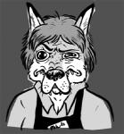 anthro apron clothing front_view shirt solo topwear sickeleye canid canine fox mammal bust_portrait low_res monochrome portrait reaction_image