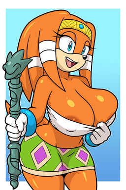anthro areola areola_slip big_breasts bottomwear breasts clothed clothing clothing_pull female gloves hair handwear holding_object holding_staff huge_breasts nipple_outline open_mouth orange_body shorts simple_background smile solo staff standing teeth thick_thighs topwear topwear_pull tribal wide_hips sonicguru sega sonic_adventure sonic_the_hedgehog_(series) tikal_the_echidna echidna mammal monotreme digital_media_(artwork) hi_res