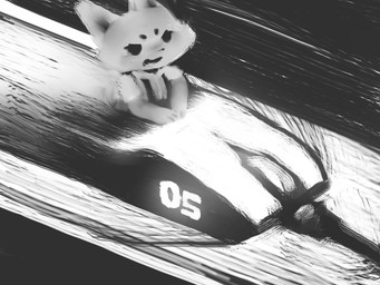 angry anthro black_eyes clothed clothing computer_mouse female female_anthro holding_on kemono looking_forward number open_mouth solo suspenders young young_anthro hasukii herba_(hasukii) canid canine mammal 4:3 hi_res monochrome