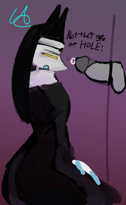 anthro big_penis black_clothing blue_body bodily_fluids clothing erection female female_anthro genital_fluids genitals glory_hole humanoid_genitalia humanoid_penis imminent_oral kneeling machine multicolored_body narrowed_eyes open_mouth penis precum solo sweat sweatdrop text two_tone_body white_body white_clothing yellow_eyes ashclone deltarune undertale_(series) tasque_manager tasque_manager_(nun) darkner felid feline mammal robot_anthro tasque 2026 digital_drawing_(artwork) digital_media_(artwork) digital_painting_(artwork) english_text hi_res painting_(artwork)