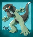 4_fingers 4_toes ambiguous_gender biped black_tail blue_background feet fingers green_body looking_at_viewer open_mouth pawpads simple_background solo standing tail toes ar-ameth nintendo pokemon cyclizar generation_9_pokemon pokemon_(species) hi_res