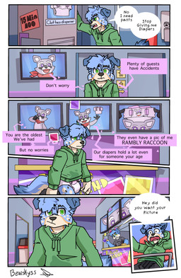 accident bodily_fluids clean_diaper clothed clothing dialogue diaper genital_fluids humiliation male park text urine wearing_diaper wetting bewskyss indigo_park rambley_raccoon canid canine canis domestic_dog mammal 2024 absurd_res character_request comic digital_media_(artwork) english_text hi_res