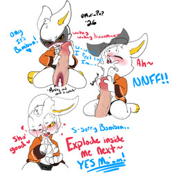 anthro blush bodily_fluids clothing cum cum_in_mouth cum_inside cum_on_face cum_on_tongue cumshot cumshot_in_mouth cumshot_on_face dialogue duo ejaculation eyebrows eyelashes eyewear female female_focus fur genital_fluids genitals handjob heart_eyes heart_symbol human_on_anthro humanoid_genitalia humanoid_penis interspecies jacket male male/female open_mouth orange_clothing orange_jacket orange_topwear paws penile penis precum sex short_tail simple_background size_difference smaller_female tail teeth text tongue tongue_out topwear vein veiny_penis white_body white_fur x-ray_view yellow_body yellow_fur yellow_sclera moriapup bombun bombun_(kekitopu) human lagomorph leporid mammal rabbit 1:1 2026 digital_media_(artwork) english_text hi_res signature