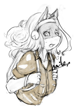 anthro backpack breasts clothed clothing collared_shirt dress_shirt female hair head_accessory open_mouth shirt simple_background solo topwear white_background smilesampleban my_hero_academia ippan_josei unknown_species 2023 absurd_res half-length_portrait hi_res portrait signature sketch