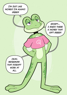 bottomless choker clothed clothing dialogue green_body green_skin hands_on_hips jewelry multicolored_eyes necklace pink_clothing pink_shirt pink_topwear shirt smile solo speech_bubble standing text topwear trevor-fox trevor-fox_(character) amphibian frog english_text hi_res