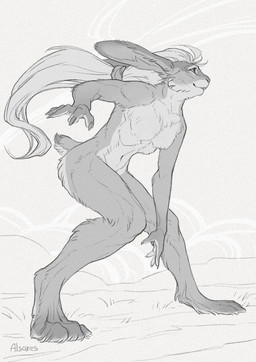 4_toes 5_fingers accessory action_pose anthro breasts digitigrade featureless_breasts feet female fingernails fingers fur hair hair_accessory hair_tie long_ears long_hair nails nude outside pose scut_tail sharp_fingernails sharp_nails short_tail side_view smile solo tail text toes alsares hare lagomorph leporid mammal 2021 artist_name digital_drawing_(artwork) digital_media_(artwork) full-length_portrait greyscale hi_res monochrome portrait