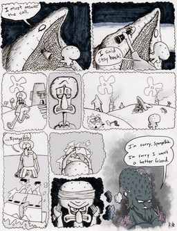 anthro bandanna_on_forehead bone clothed clothing detailed_background dialogue discarded_clothing flower_cloud_(spongebob) male no_pupils outside running shirt size_difference speech_bubble stab tentacles text topwear stillinthesimulation nickelodeon spongebob_squarepants patrick_star squidward_tentacles aquatic asterozoan cephalopod echinoderm mollusk starfish absurd_res comic english_text hi_res