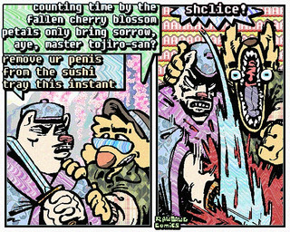 2_panel_comic annoyed anthro asian_clothing blood bodily_fluids clenched_teeth clothing dialogue duo east_asian_clothing eyewear facial_hair floppy_ears fur half-closed_eyes hat headgear headwear japanese_clothing kimono male melee_weapon mustache narrowed_eyes screaming speech_bubble sunglasses sword teeth text weapon white_body white_fur wide_eyed yellow_body yellow_fur rawdawgcomics stahli_(rawdawgcomics) bird_dog canid canine canis domestic_dog golden_retriever hunting_dog mammal retriever shiba_inu spitz 5:4 comic english_text