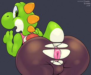 anthro anus backsack balls big_butt bottomwear bulge butt butt_focus clothed clothing countershading femboy genitals green_body green_eyes looking_back male non-mammal_balls open_mouth pants pink_anus presenting presenting_hindquarters puffy_anus rear_view saddle short_tail simple_background solo tail thick_thighs tight_bottomwear tight_clothing tight_pants torn_bottomwear torn_clothing torn_pants wardrobe_malfunction white_body white_countershading wide_hipped_male wide_hips yoga_pants frumples mario_bros nintendo green_yoshi scalie yoshi 2019 dated digital_drawing_(artwork) digital_media_(artwork) signature