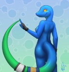 anthro biped blue_anole breasts butt casual_nudity clothing dactyloid eliza_(vader-san) female fingerless_gloves gloves handwear lizard nipples non-mammal_breasts non-mammal_nipples nude reptile scalie smile solo standing tail third-party_edit vader-san