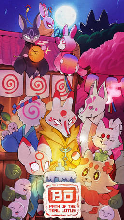 anthro black_ears blue_clothing cake candle clothed clothing dessert food group kiseru moon night plant red_clothing smoking_pipe tree white_body white_ears yellow_clothing alexc474 bo:_path_of_the_teal_lotus bo_(b:pottl) canid canine canis domestic_dog food_creature fox hare humanoid lagomorph leporid mammal 9:16 hi_res