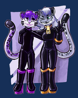 anthro boots clothing collar duo ear_piercing female footwear fur gloves grey_body grey_fur grey_hair hair handwear latex latex_boots latex_clothing latex_footwear latex_gloves latex_handwear latex_skinsuit lock male piercing purple_hair shoes skinsuit tight_clothing tongue tongue_out mossky felid mammal pantherine snow_leopard