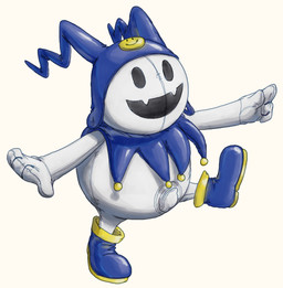 blue_boots blue_clothing blue_footwear blue_hat blue_headwear bodypaint boots clothing face_paint footwear gesture hand_gesture hat headgear headwear inflatable male nozzle pointing printed_eyes shoes simple_background smile smiley_face solo white_background white_body stormdragonblue atlus megami_tensei sega jack_frost_(megami_tensei) animate_inanimate demon humanoid living_inflatable absurd_res hi_res