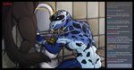 anthro black_border black_spots blue_body bodily_fluids border bound brown_body brown_fur chain chained cuff_(restraint) duo feces feces_on_fingers floor fur genital_fluids kneeling livestream looking_at_viewer male male/male markings peeing peeing_on_another peeing_on_face piss_whore profanity rear_view red_eyes restraints scatplay spots standing stream_chat tail text tile tile_floor tile_wall toilet toilet_slave urine urine_drip urine_on_face urine_on_head urine_stream wall_(structure) watersports white_body wrist_cuffs rex_yi ambiguous_species amphibian frog 2022 english_text signature