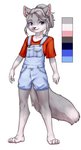 anthro blue_bottomwear blue_clothing blue_eyes blue_pants bottomwear clothed clothing color_swatch female fur grey_body grey_fur grey_hair hair looking_at_viewer overalls pants red_clothing red_shirt red_topwear shirt simple_background smile solo standing topwear white_background young young_anthro aogami alannah_(foulcritter) canid canine canis mammal wolf 2021 hi_res model_sheet shaded soft_shading