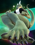 5_fingers 5_toes abstract_background anthro bald barefoot biped black_bars black_clothing black_nails black_toenails black_topwear blue_eyes bottomwear breasts clothed clothing colored_nails colored_toenails feet female fingers foot_fetish foot_focus foot_on_foot foreshortening green_body green_skin grin hand_on_knee hand_on_leg horn humanoid_feet logo long_tail looking_at_viewer low-angle_view multicolored_clothing multicolored_topwear nails perspective plantigrade sharp_nails sharp_teeth sharp_toenails shorts sitting smile snout solo sticker tail teasing teasing_viewer teeth text thighs_together toenails toes topwear tube_top two_tone_clothing two_tone_topwear white_clothing white_horn white_topwear ovis_wooloo petruz_(modeler) lizard_(petruz) lizard reptile scalie 2025 3d_(artwork) absurd_res artist_logo artist_name blender_(artwork) digital_media_(artwork) hi_res paint.net_(artwork)