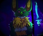 anthro cave detailed_background fangs fur gold_(metal) gold_tooth green_body green_fur male red_eyes solo teeth upside_down yellow_body yellow_fur wolfrayay twyzell bat mammal megabat absurd_res colored digital_drawing_(artwork) digital_media_(artwork) half-length_portrait hi_res portrait shaded