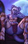 2020 armor blizzard_entertainment blue_eyes bottomwear breasts butt clothed clothing digital_media_(artwork) draenei female glowing glowing_eyes hair hi_res hooves horn humanoid looking_aside navel not_furry personalami purple_body shaded sitting skirt small_breasts solo spread_legs spreading tendrils warcraft white_hair yrel