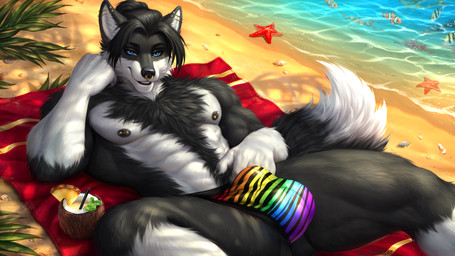 abs animal_genitalia anthro areola athletic balls barbell_piercing beach beach_towel beverage black_body black_fur black_lips black_nipples black_nose blue_eyes body_hair bulge claws clothed clothing coconut coconut_drink container cup detailed_background dipstick_tail drupe_(fruit) ear_piercing erection exhibitionism eyebrows facial_piercing finger_claws fist fluffy fluffy_balls fluffy_chest food fruit fur genitals hair hair_bun happy_trail industrial_piercing jockstrap jockstrap_only leaf light lips looking_at_viewer lying male markings multicolored_clothing multicolored_underwear muscular muscular_male nipples nose_piercing on_back on_ground outside pecs piercing plant pose pubes public pupils rainbow_clothing rainbow_jockstrap rainbow_underwear sand sea seaside septum_piercing sheath smile solo sunlight sunny tail tail_markings teeth topless towel underwear underwear_only water whiskers white_body white_fur clockhands tarball ambient_fish ambient_sealife ambient_starfish canid canine canis mammal wolf 2026 digital_drawing_(artwork) digital_media_(artwork) hi_res widescreen