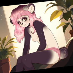 anthro black_body black_fur blush breasts brown_eyes clothing ear_piercing facial_piercing female fur hair inside long_hair looking_at_viewer nipples nose_piercing panties piercing pink_clothing pink_hair pink_panties pink_underwear plant round_ears sad short_tail sitting small_breasts solo tail underwear white_body white_fur sunnypony bear giant_panda mammal 1:1 hi_res