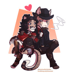 anthro beard black_clothing black_hair black_hat black_headwear black_jacket black_spots black_topwear brown_beard brown_facial_hair chibi cigar clothed clothing crossed_legs duo facial_hair female fur glistening glistening_eyes grey_eyes hair hat headgear headwear heart_symbol jacket male markings simple_background sitting smoke smoking spots spotted_body spotted_fur spotted_legs spotted_markings spotted_tail tail tail_markings tan_body tan_fur text topwear wavy_hair white_body white_fur demireality felid mammal artist_name hi_res url