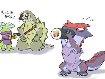 anthro clothed clothing eating female food group kneeling long_tail male platter semi-anthro shell simple_background standing stuffed_mouth sushi tail text trio white_background harefurahoroni armello league_of_geeks agniya nazar_(armello) oxana gecko iguana iguanid lizard reptile scalie turtle digital_media_(artwork) japanese_text translation_request