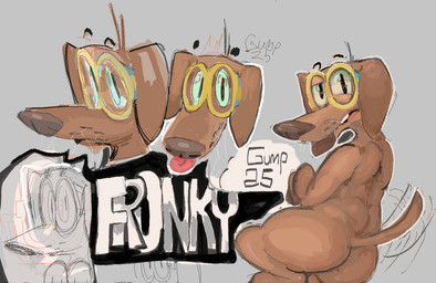 anthro butt crouching digitigrade eyewear floating_head glasses grey_background male nude simple_background solo text tongue tongue_out guddlegump fronky_(ozzy) canid canine canis dachshund domestic_dog hunting_dog mammal 2025 digital_drawing_(artwork) digital_media_(artwork) english_text sketch watermark