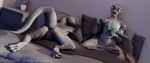 3d_(artwork) absurd_res action_figure anthro anus bed bedroom casual_nudity detailed_background digital_media_(artwork) duo female furniture genitals hi_res hondra interceptor jinnoaka lizardman looking_at_another male male/female pussy reptile scalie tail whiteperson widescreen ziina