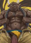 abs anthro belt biceps big_penis biped blue_eyes bottomwear brown_body brown_fur brown_penis clothed clothing dog_tags erection fur genitals holding_object horn humanoid_genitalia humanoid_hands humanoid_penis jockstrap long_penis looking_down male muscular muscular_anthro muscular_male navel nude open_bottomwear open_clothing open_pants pants partially_clothed pecs penis penis_poking_out pubes simple_background smile snout solo standing tan_bottomwear tan_clothing thick_penis topless underwear vein veiny_penis white_horn yellow_bottomwear yellow_clothing pandapandapang kathu_thal bovid bovine cattle mammal 2017