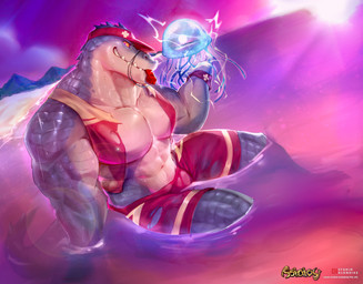 abs anthro biceps clothing lifeguard_swimsuit looking_at_viewer magic male muscular orange_sclera partially_submerged pecs solo sunset tail torn_clothing water whistle_(object) ralefov astatos studio_klondike drusus_(astatos) aquatic cnidarian crocodilian jellyfish medusozoan reptile scalie absurd_res hi_res