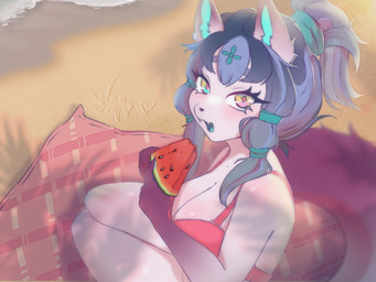 anthro beach breasts clothing cute_pose eyelashes female female/female fluffy fluffy_tail food fruit fur hair legs_together long_eyelashes melon pink_body pink_fur plant ponytail purple_body purple_hair purple_tail sand solo summer swimwear tail watermelon yellow_eyes waqwaq mon canid canine canis mammal wolf hi_res